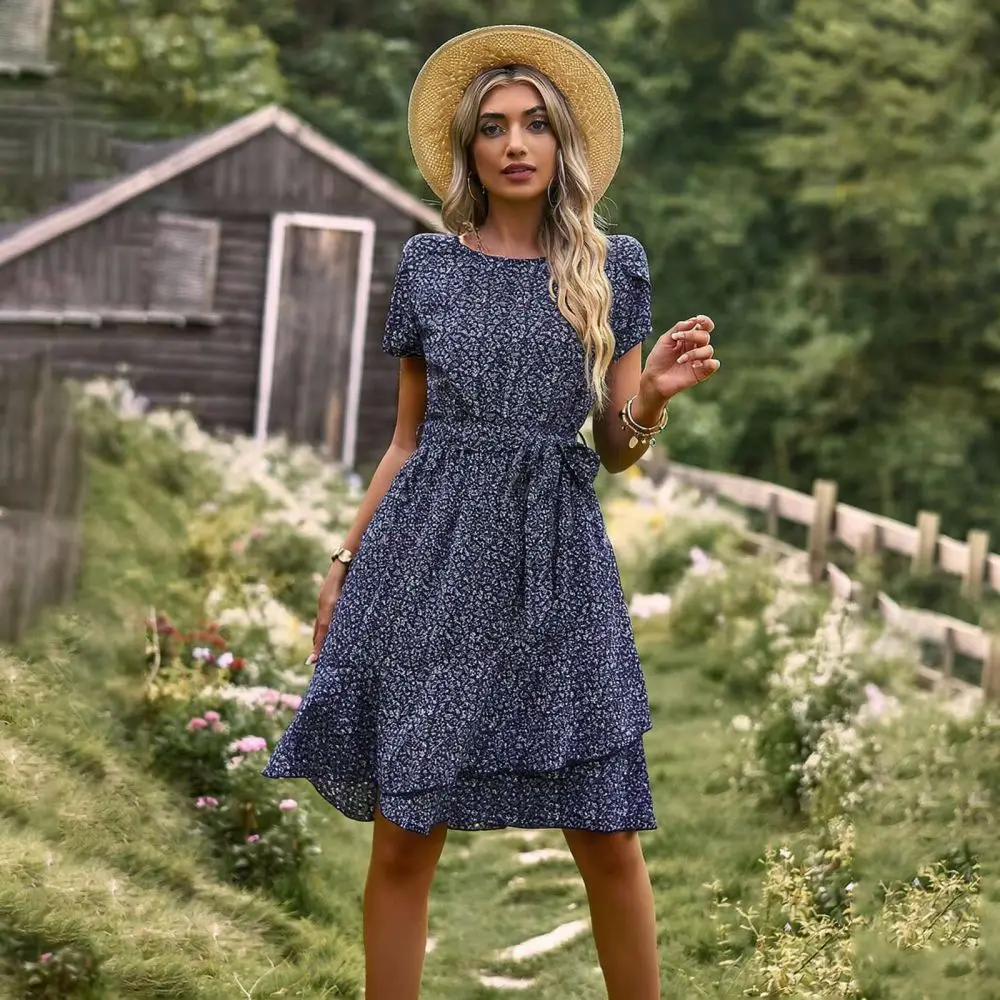 2025 Womens Casual Dress Floral Print V Neck Loose Short Sleeve Irregular Hem Fashionable Streetwear Summer Apparel