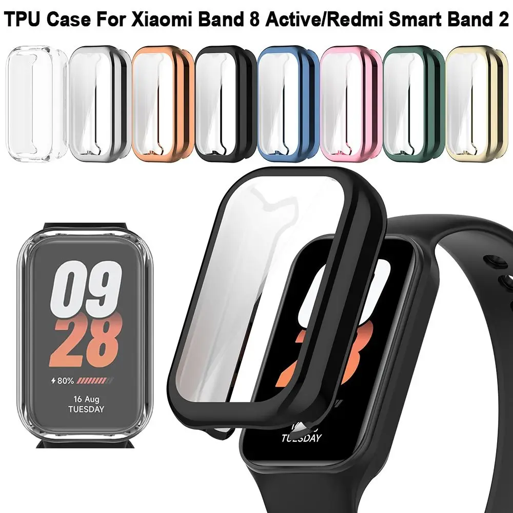 Full Cover TPU Case Bumper Smart Screen Protector Watchband Accessories for Xiaomi Band 8 Active/Redmi Smart Band 2