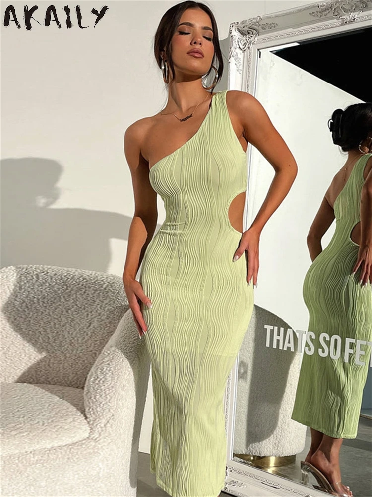 Akaily Herbst One-Shoulder elegante strukturierte lange Kleid Cocktail party tragen Frauen 2024 grün ärmel los aushöhlen Bodycon Vestidos