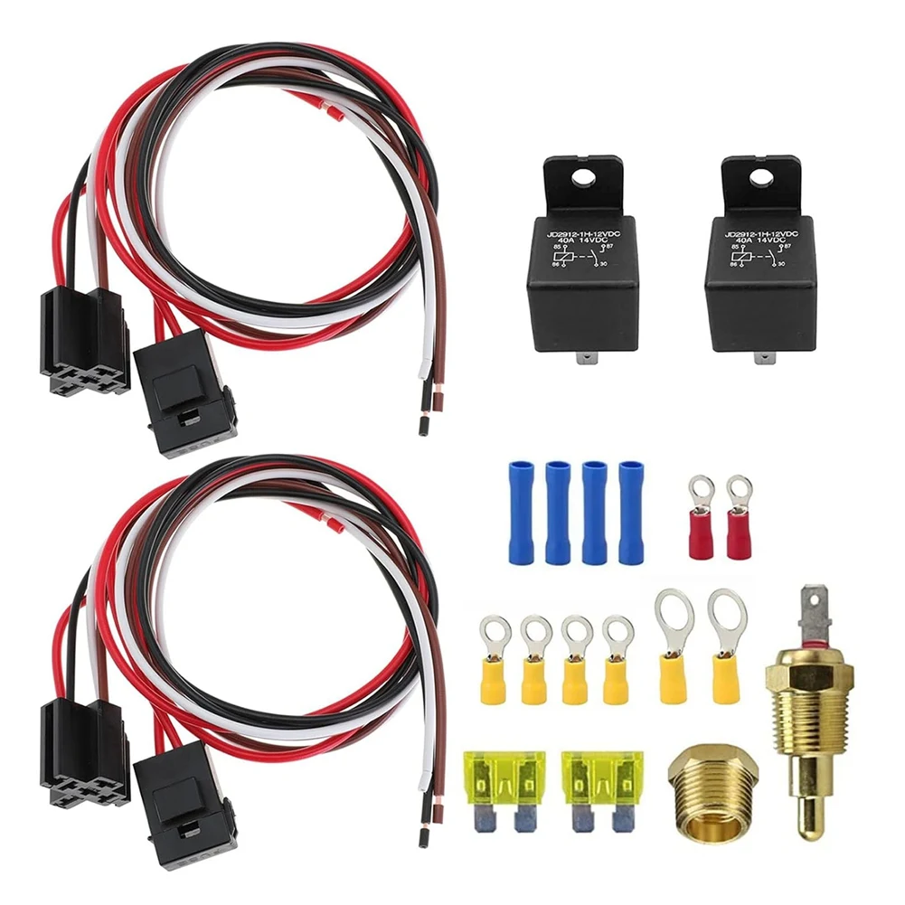

ABUH-Dual Electric Fan Relay Kit 40 AMP Automotive Relay Thermostat Switch Kit For Temperature Sensor Switch 185 On 175 Off