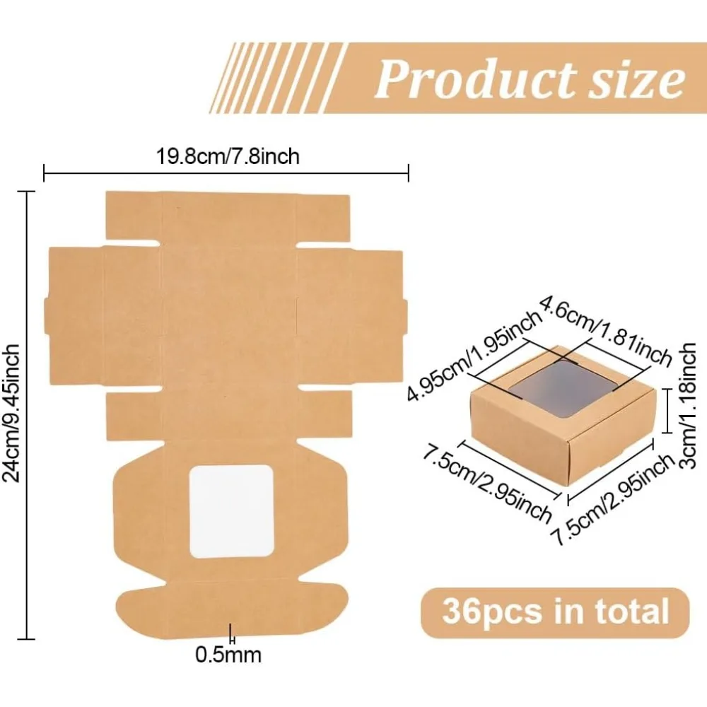 36 Packs 3x3x1.2 Inch Brown Kraft Paper Box with Clear Windows Foldable Paper Gift Goodies Candy Dessert for Party