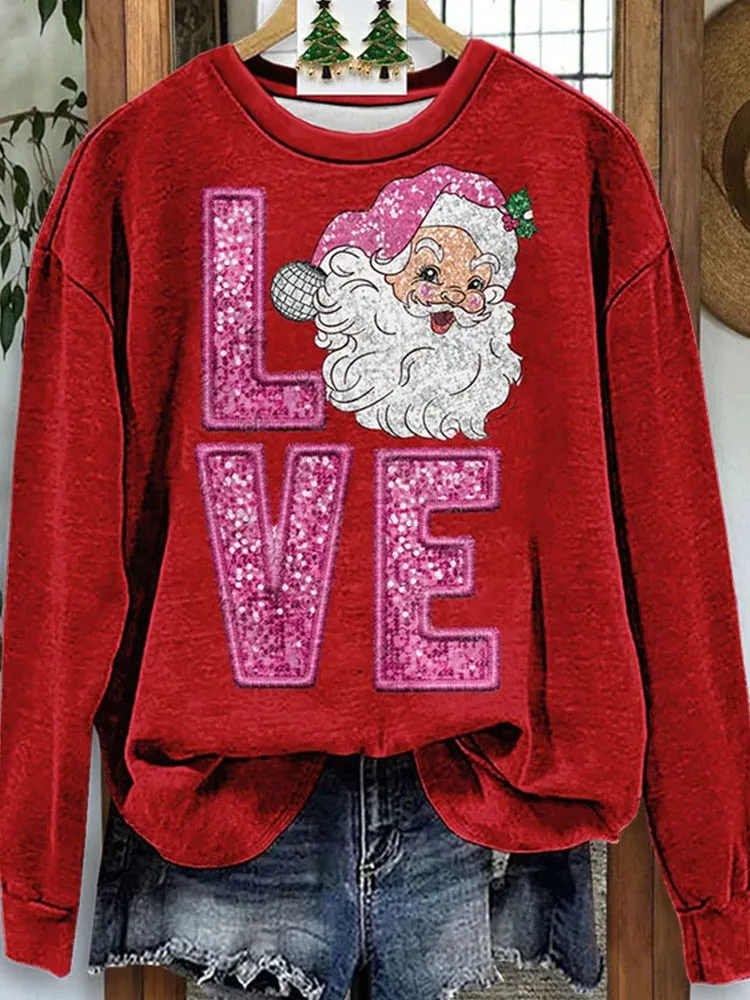 Drauuing Christmas Print Women Round Neck Top Santa Claus Patchwork Long Sleeve Hoodies Autumn Winter Female Party Pullovers New
