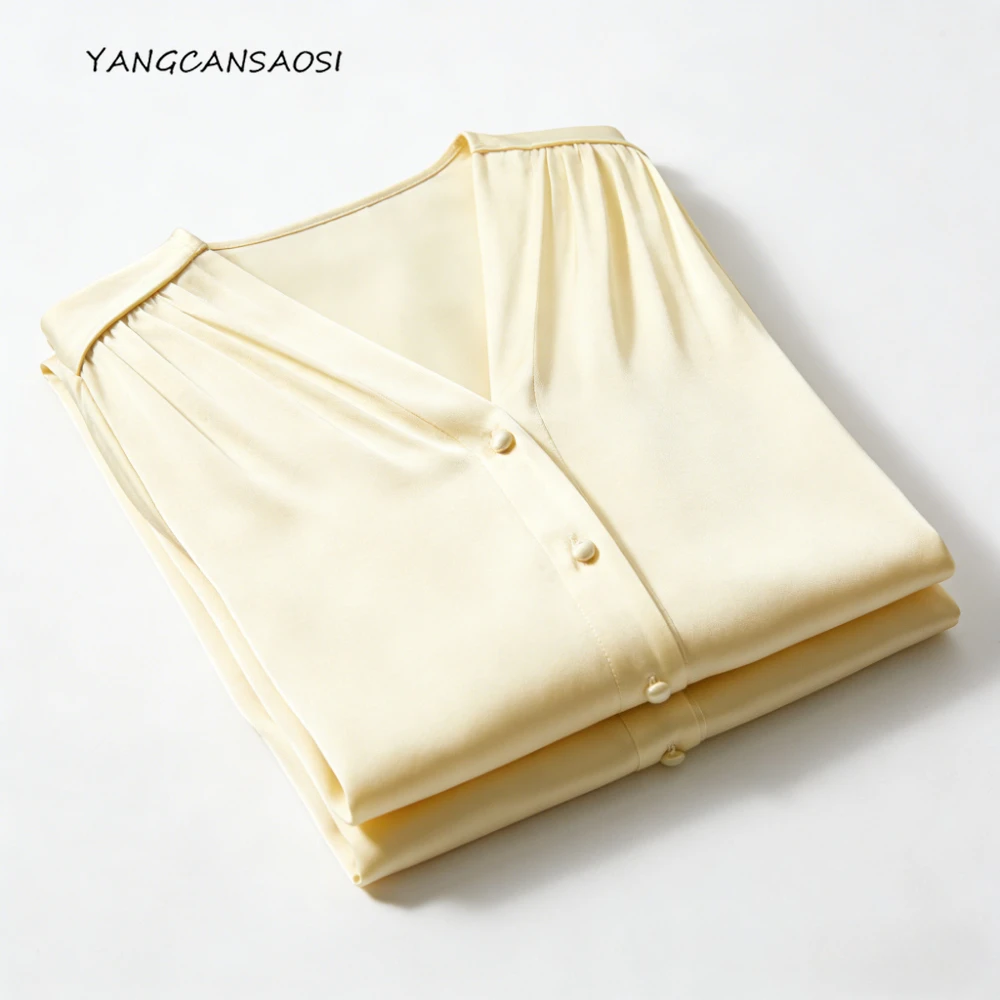 

2026 Women's Fashion Spring Clothing 93% Natural Mulberry Silk Elastic Double Qiao Satin Light Yellow V-neck Long Sleeved Shirt