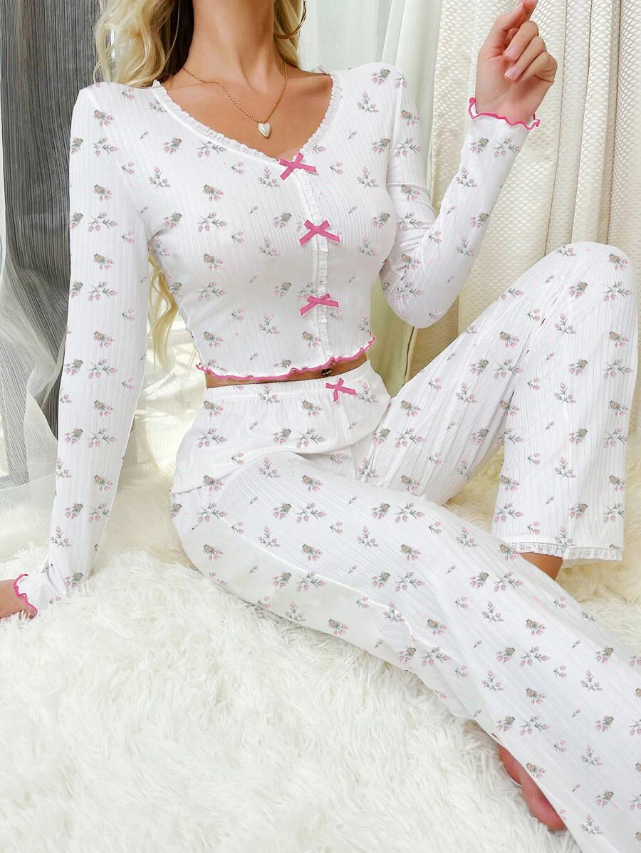 Autumn Women\'s Pullover Pajama Set Sexy Lace V-neck Bow Sleepwear Heart Print Long Sleeves &Trousers Nightwear Loungewear Outfit