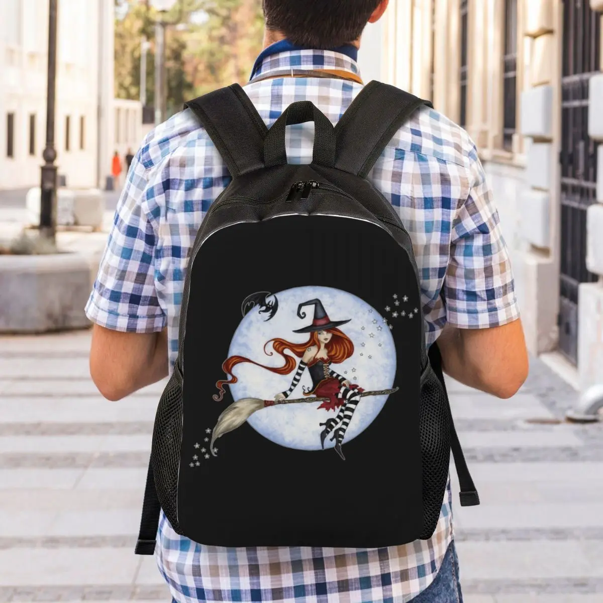 Halloween Witch Moonlight Ride Laptop Backpack Men Women Fashion Bookbag for College School Students Goth Occult Bags