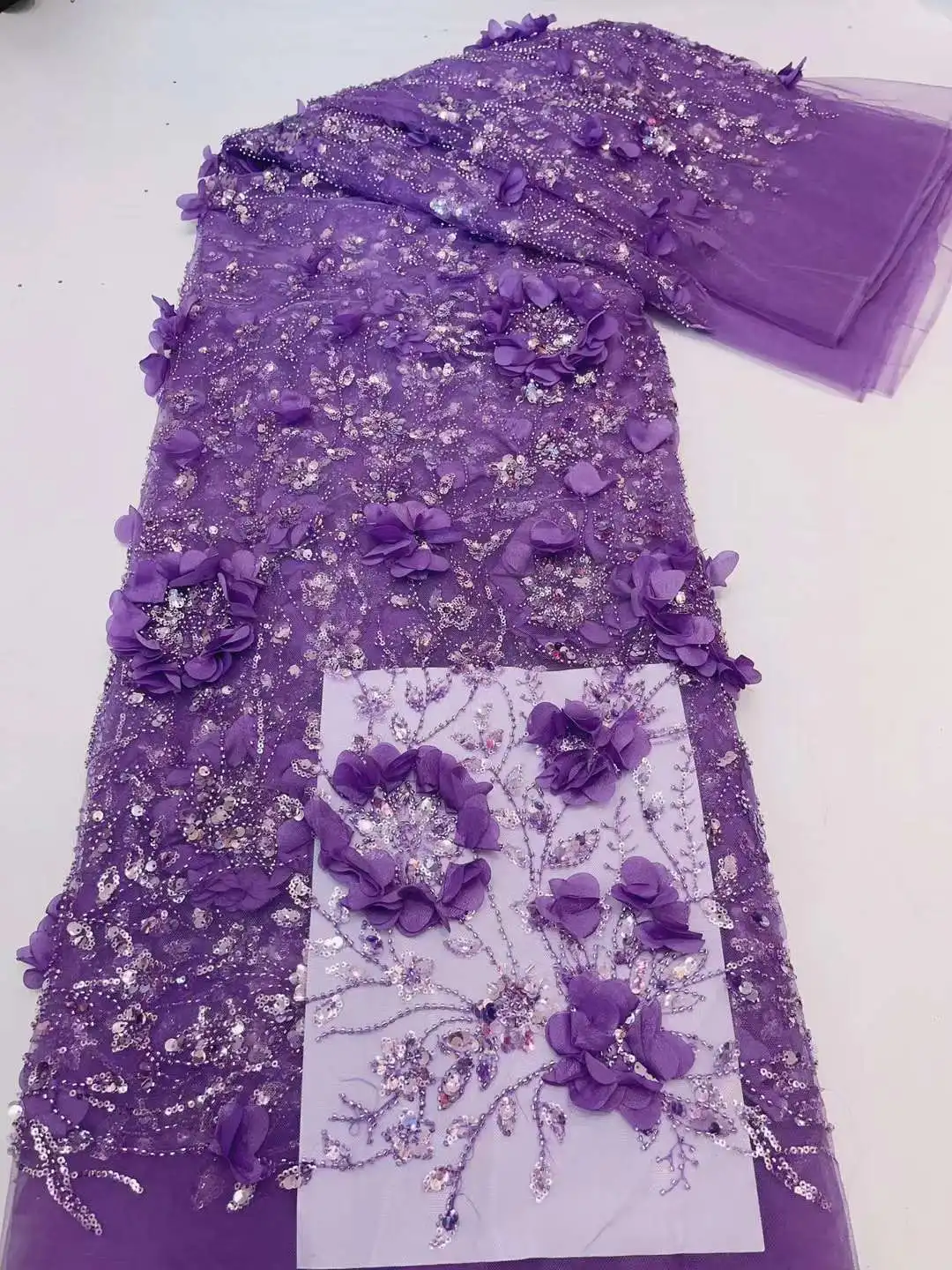 Tela de encaje africano con bordado de flores 3D, tejido de tul francés hecho a mano para vestido de novia, 5Y/piezas, alta calidad, 2023