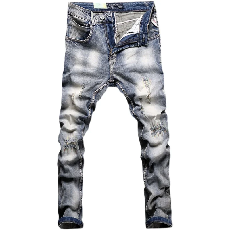 Fashion Streetwear Men Jeans Retro Yellow Washed Elastic Destroyed Slim Ripped Jeans Men Embroidery Designer Hip Hop Denim Pants