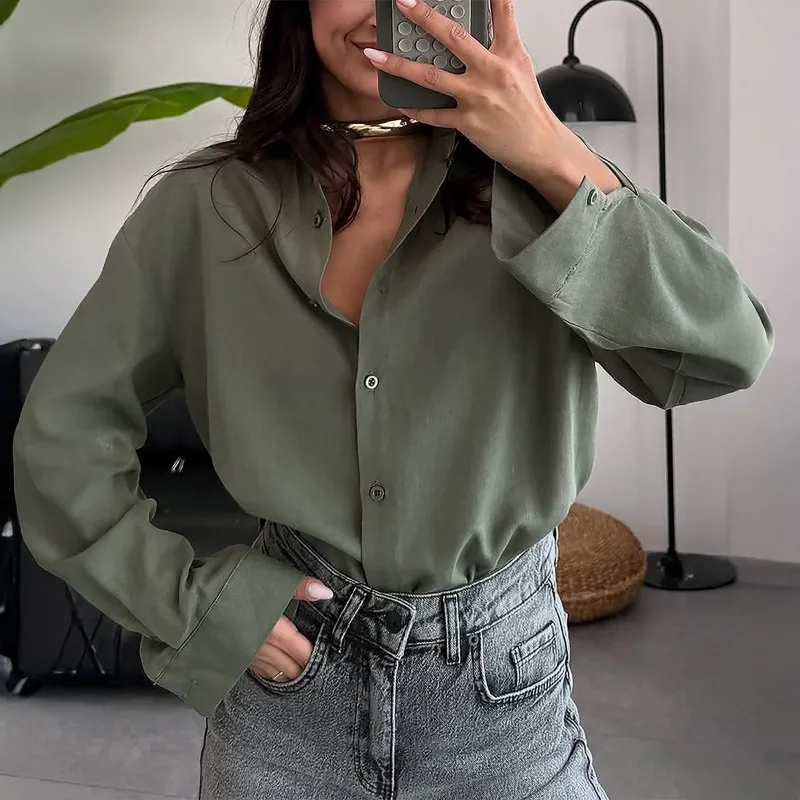 Elegante camicia cardigan a maniche lunghe Baita da donna con risvolto autunnale e invernale, top ampio e versatile