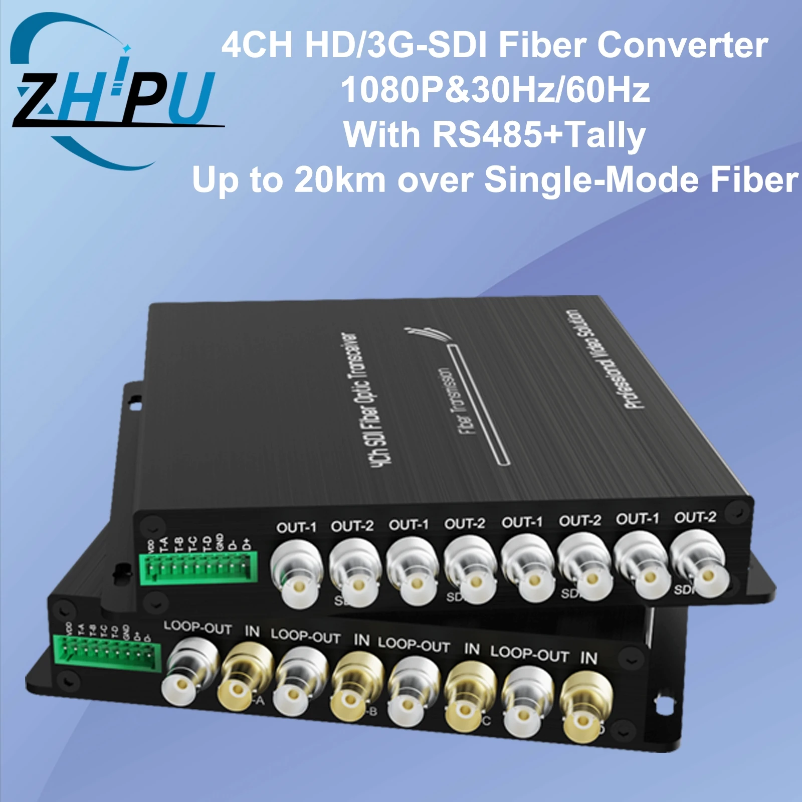4CH HD/3G-SDI Fiber Transceiver/Converter, With Loop Output and RS485, Up to 20km over Single Mode Fiber, Broadcast Level SDI