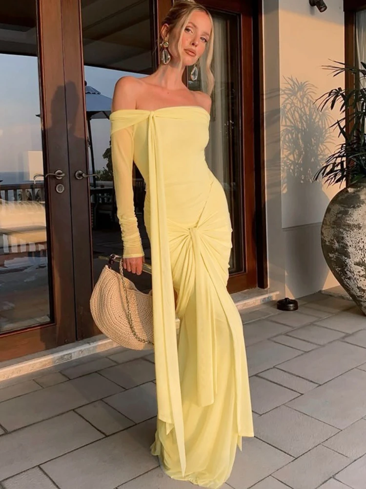 

FDYOUI Women Elegant Slash Neck Bandage Mesh Yellow Dresses Female Chic Full Sleeve Ruched Long Maxi Dress Party Evening Gowns