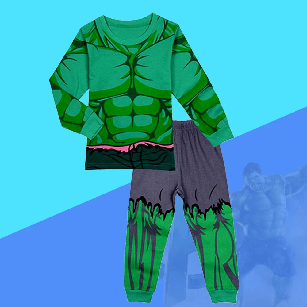 Nuevos pijamas para niños, conjunto de Iron Man, ropa de dormir para niños, conjunto de Hulk, ropa de dormir de manga larga de dibujos animados para niños y niñas, conjuntos de 2-7T