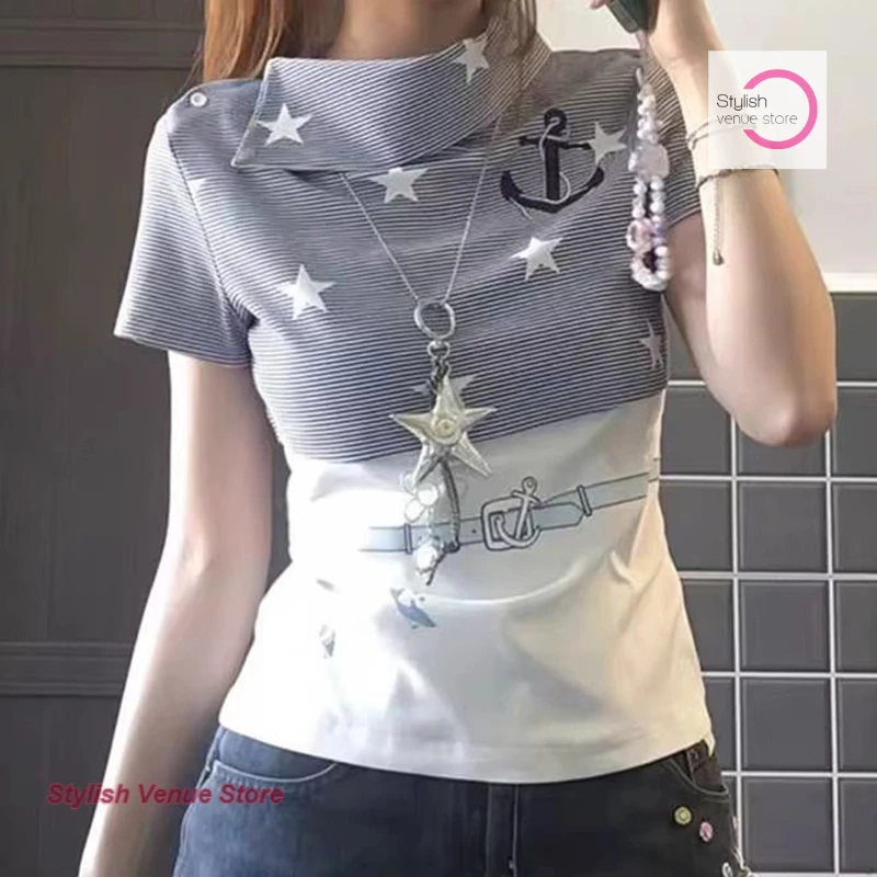 

Korean style striped star short sleeve T-shirt female summer fashion contrast stitching slim design sense niche spice girl top