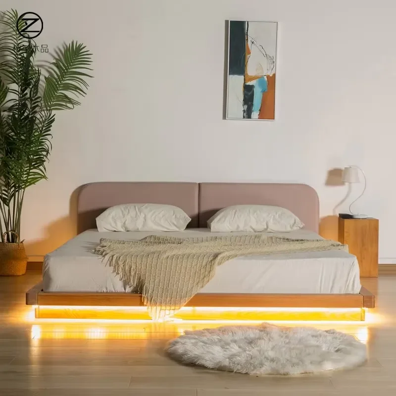 for Nordic Japanese tatami soft back low bed simple white oak bed with headboard with lamp loft bed custom