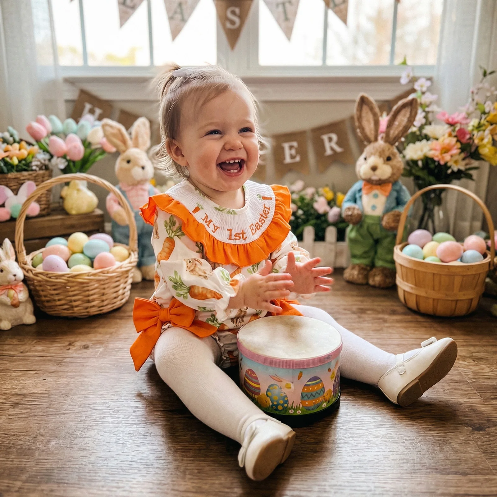 Cute Baby Girls Bunny Romper Costume Long Sleeve Crew Neck Rabbit Carrot Print Bodysuit Easter Clothes