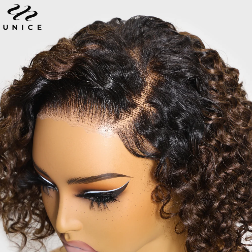 UNice Hair Ombre Brown Curly Bob Wig Human Hair 7x5 Pre Cut Lace Glueless Wig Ready To Wear Side Part Short Curly Wigs for Women