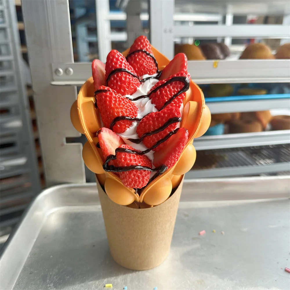2pcs Set Sweet Sugar Ice Cream Scoop Strawberry Chocolate Sauce Cream Street Snacks Cart Market Sales Model Gift Bubble Waffle