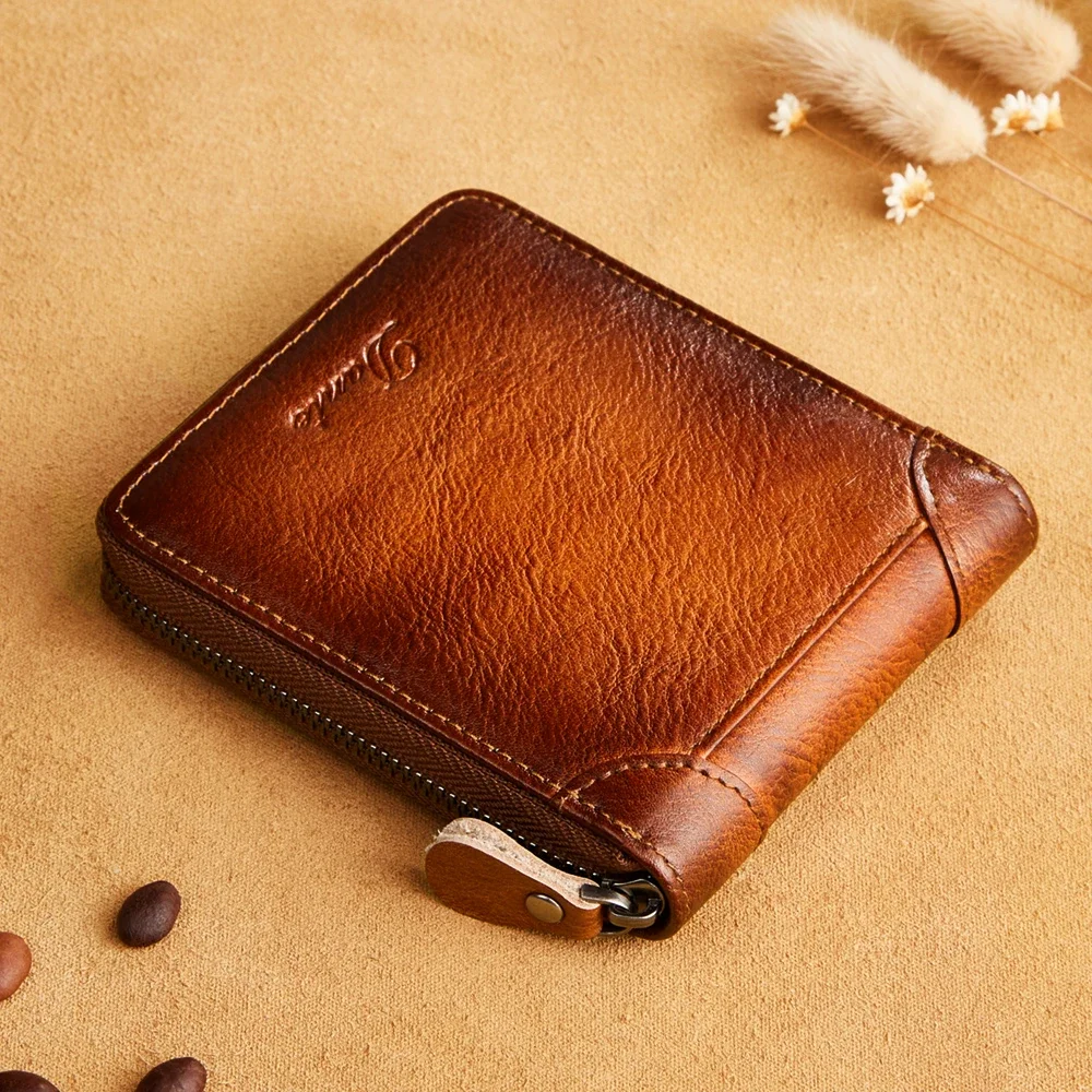 

Genuine leather short zipper multifunctional wallet, large capacity men's wallet, top layer cowhide anti-theft brush wallet