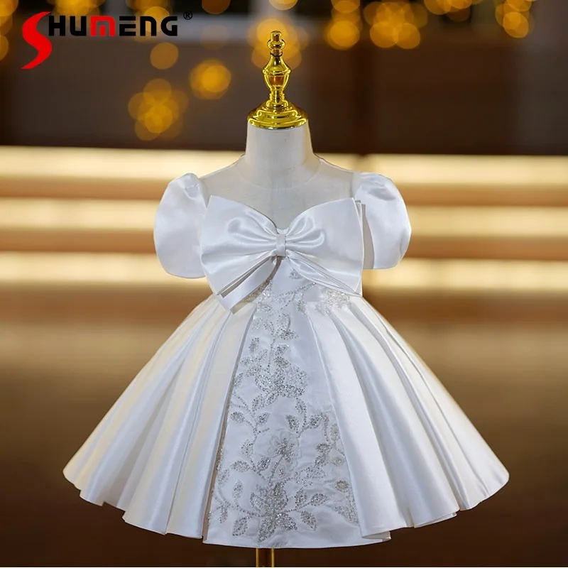 Kids Princess Flower Dress Piano Host Birthday Party Tutu Wedding Dress Children's Short Sleeve Big Bow Banquet Dress