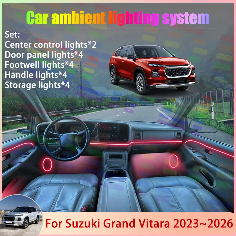 

Для Suzuki Grand Vitara YK YM 2023 ~ 2026 городской внедорожник 2/18 в 1, автомобильная атмосферная лампа, RGB абажур, ансамбль, стример, атмосферный набор