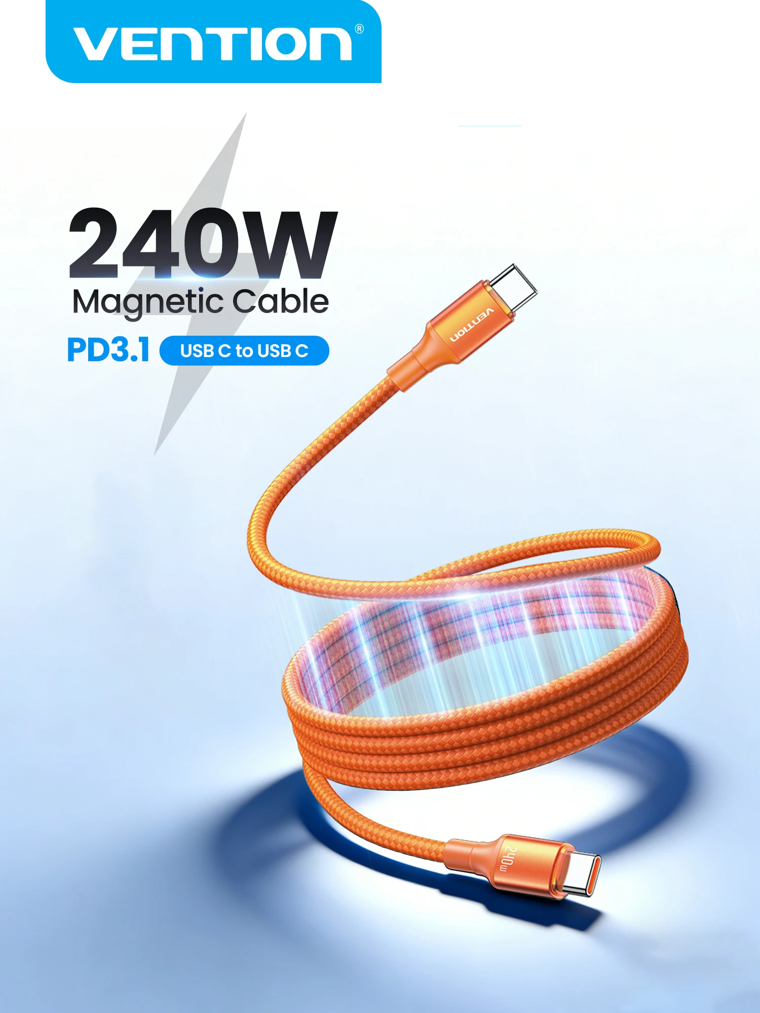 Kabel magnetyczny Vention 240W USB C do USB C PD3.1 do szybkiego ładowania, do MacBooka, laptopa, iPhone'a 17 16 15, Samsunga S25 — zdjęcie produktu 7