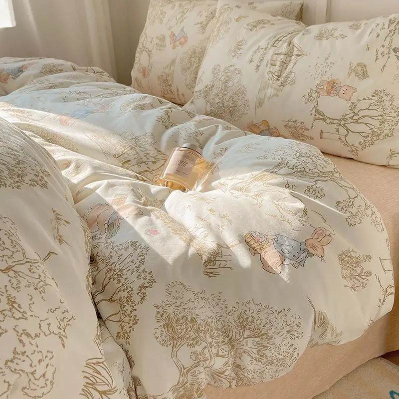 Immagine 7: Set di biancheria da letto in cotone a quattro pezzi, stile cartoon, in puro cotone, per tutte le stagioni, set di lenzuola e piumone a tre pezzi.