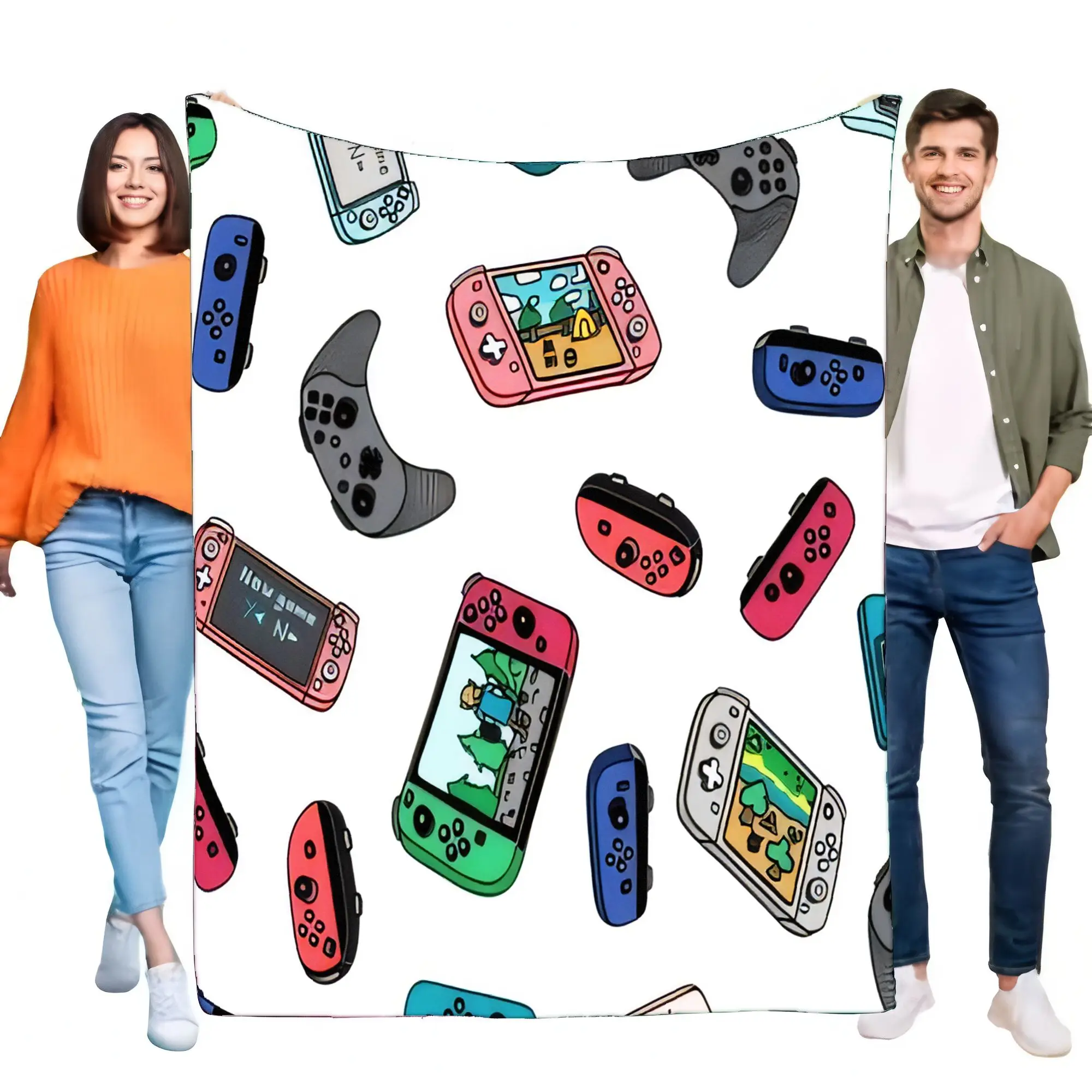 Flanell-Fleecedecke mit Nintendo-Switch-Controller-Gaming-Muster, superweicher, gemütlicher, warmer Überwurf, Bett, Sofa, Reisecouch, Gamer, Kinder-T