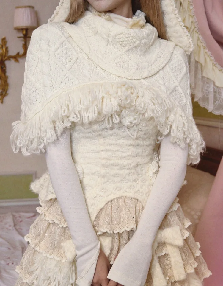 

2025 New Spring Blood Supply Original Girls Asymmetric Tassles Short Knit Tops Gothic Y2K White Turtleneck Cape Pullover Jumpers