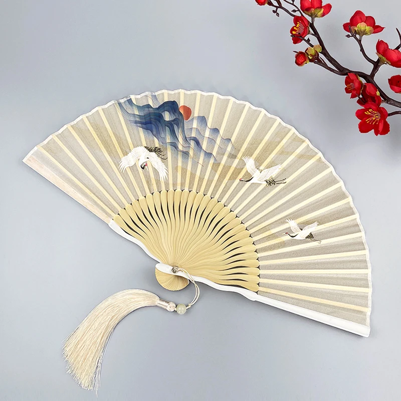 The product can be customized. Fan Ancient Folding Fan Female Chinoiserie Classical Crane Han Suit Cheongsam Folding