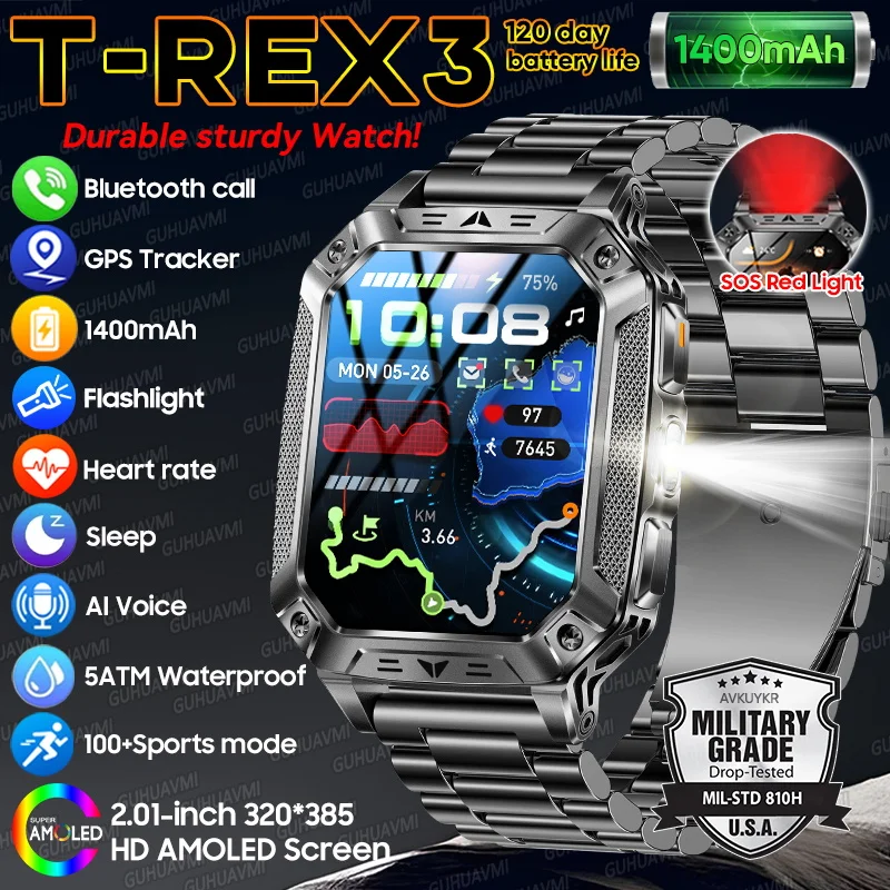 

New T-Rex 3 1400mAh Battery Outdoor Military Smart Watch Men LED flashlight GPS Track 5ATM Waterproof Bluetooth Call Smartwatchs