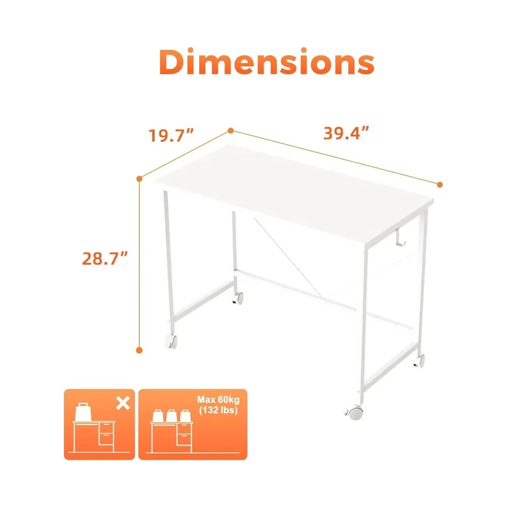 Compact Rolling Gaming Desk with Wheels for Home Office, Modern Style Small Space Computer Table for Study and Writing