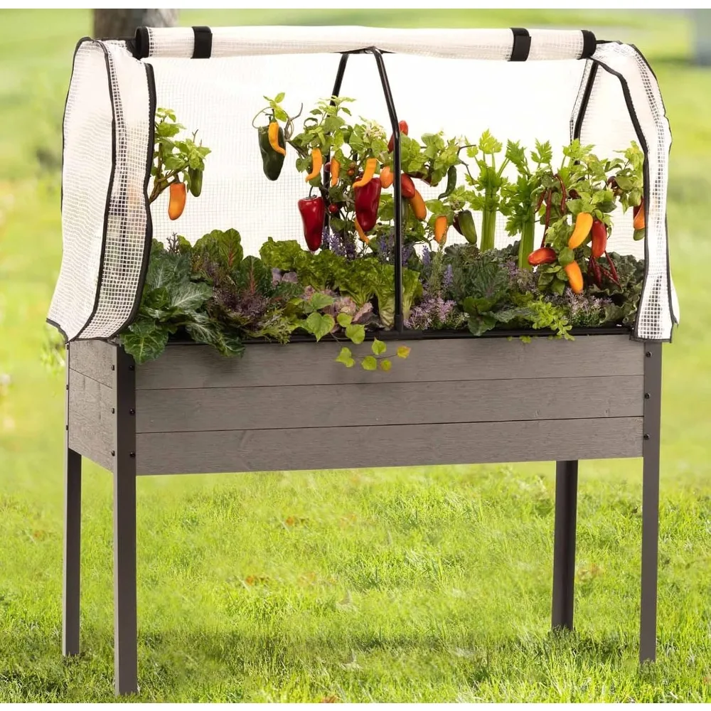 

Greenhouse with Elevated Spruce Planter & Bug Cover - Perfect for Deck, Patio or Backyard, Conservatory, 21" X 47" X 30"H