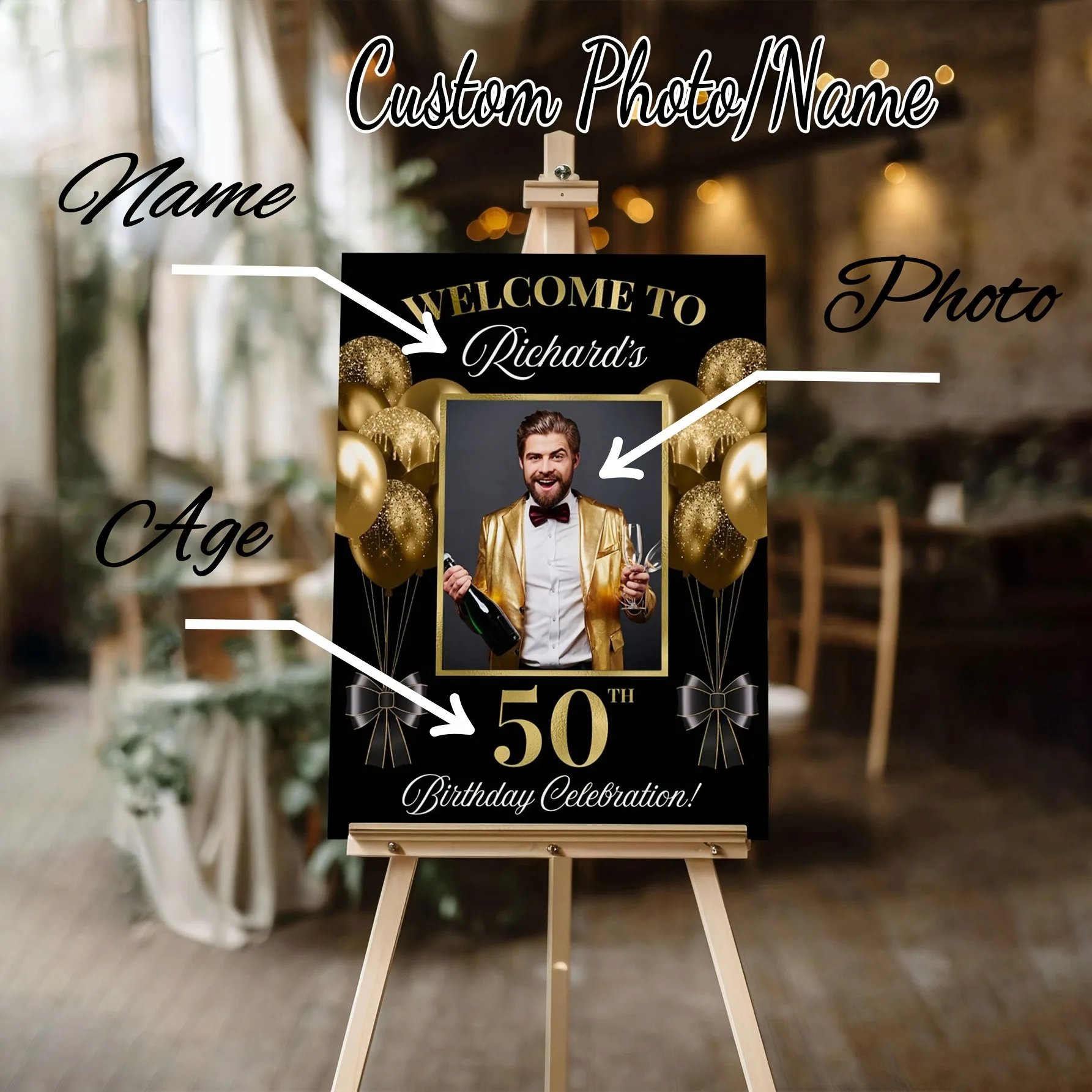 1 personalized birthday custom photo poster, name and age - elegant black and gold party decoration suitable for birthday partie