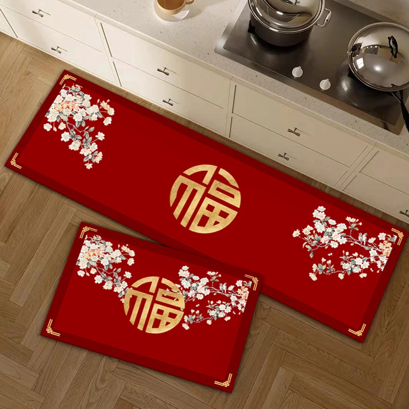 

New Chinese Sle Kitchen Floor Mat Festive Red Silicon Dendroid Foot Mat Water And Oil Absorbent Wipe Clean Non-Slip Door Mat