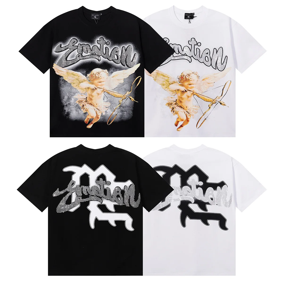 Mixed Emotion American Trendy Brand Angel Print Rhinestone Letter Summer Rock Pure Cotton Loose Short Sleeve T-Shirt