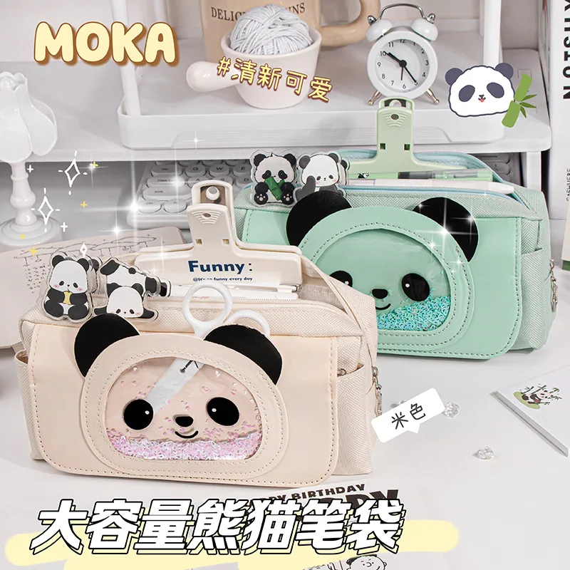 Korean Cartoon Panda Flowing Sand Pen Bag Cute Primary School Student High Beauty Canvas Stationery Instagram Style Learning