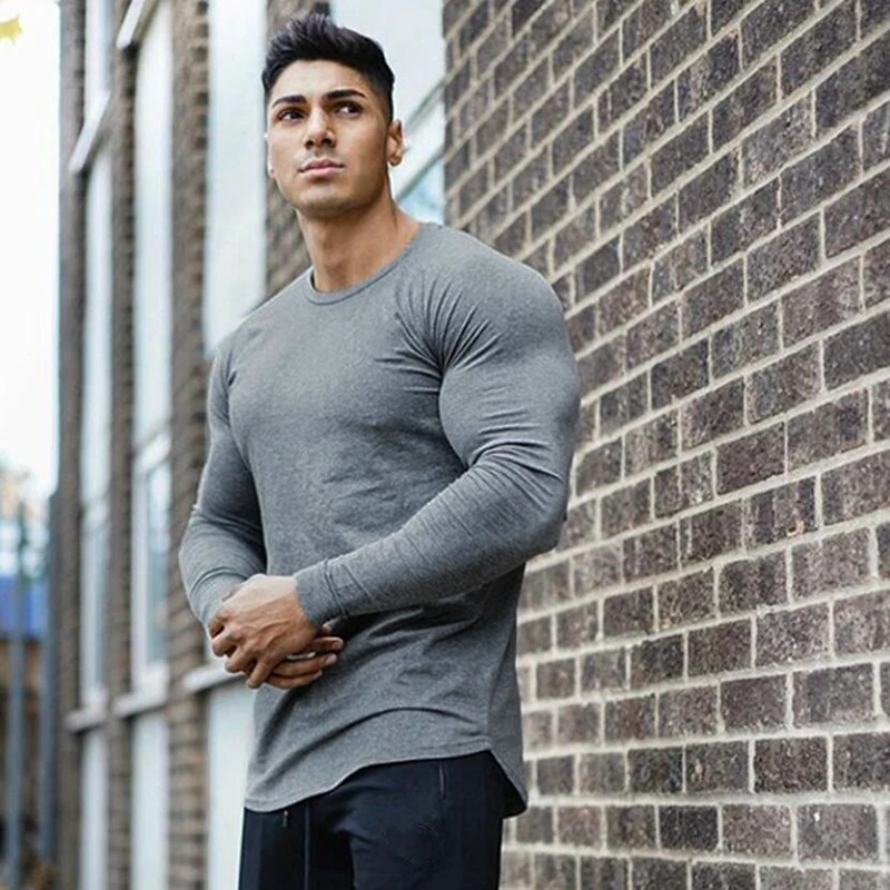 Spring Autumn Slim Fit Cotton Fitness Long Sleeve T Shirt Men Sports T-Shirt O-neck Running Tee Shirt Gym Bodybuilding Tshirt