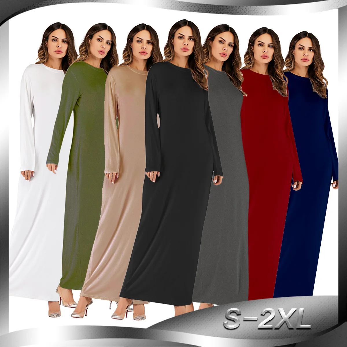 Arabische effen kleur katoenen jurk met lange mouwen voor dames moslim slanke hoge taille elastische abaya gewaadjurk