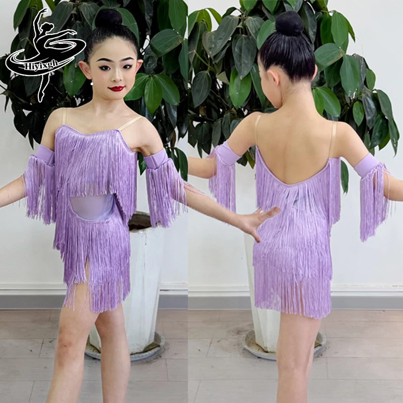 

Летнее латинское платье для девочек 2026 года, фиолетовое, с бахромой, для танцев, самбы, румбы, сценических выступлений, тренировочная одежда для латиноамериканских танцев
