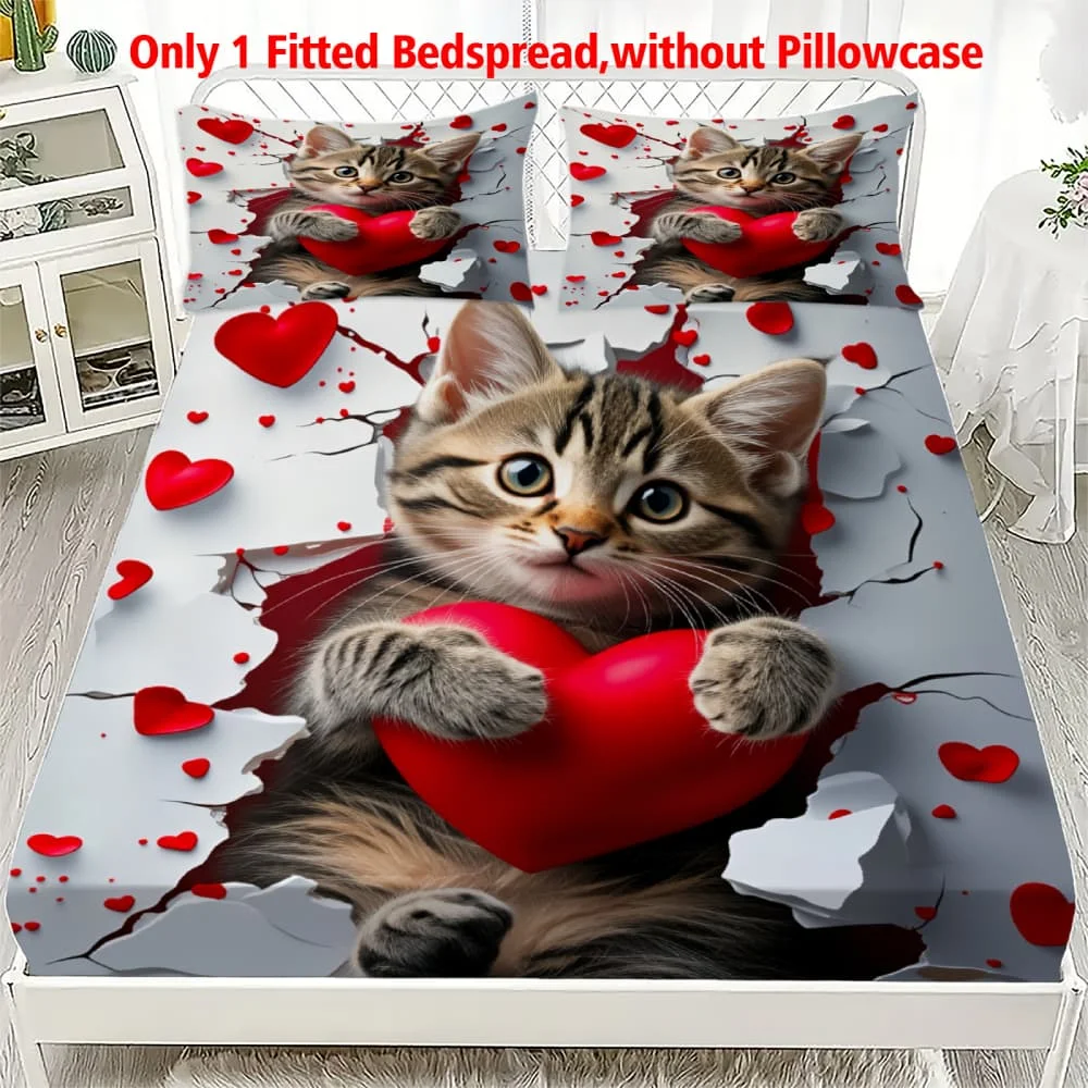 1pc Tabby Cat with Red Heart Print Fitted Sheet Deep Pocket Elastic Mattress Cover Single Double Queen King Bedroom Decor