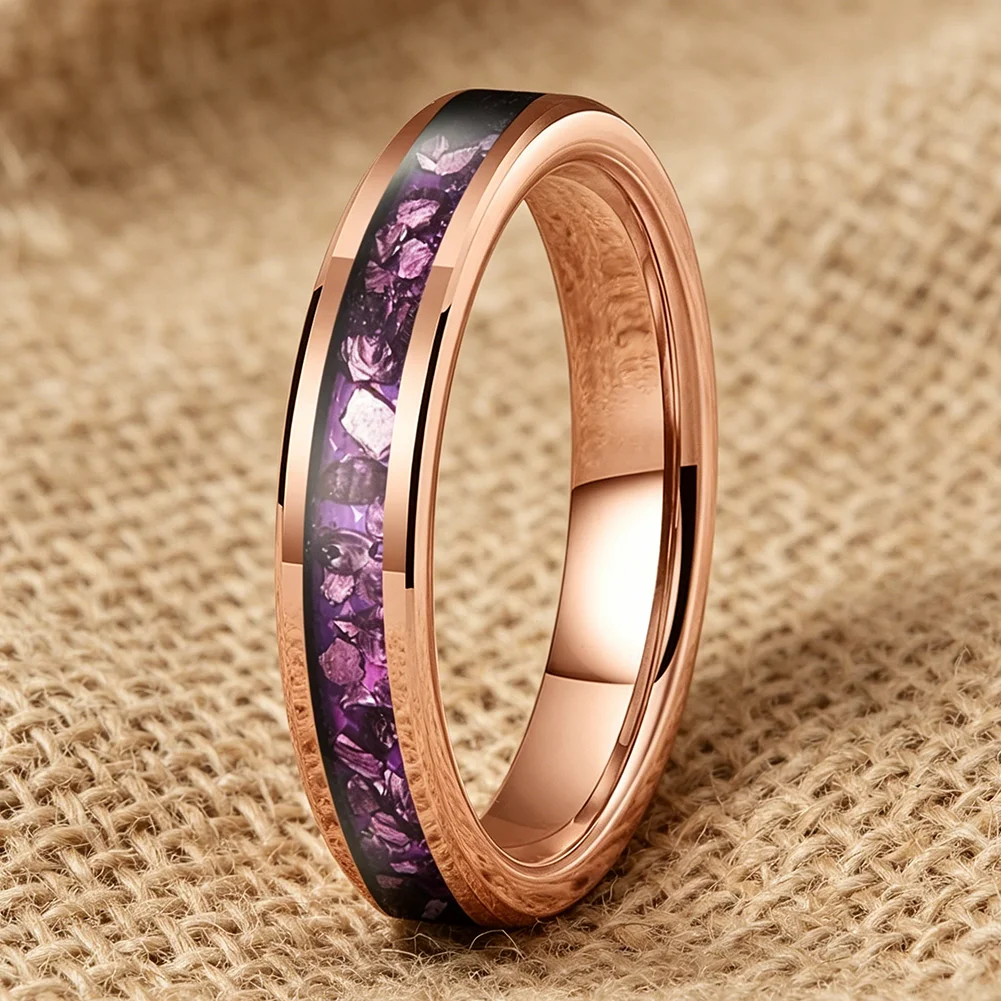 4mm Wolframringe mit Lila Edelstein-Einlage, Modeschmuck, Verlobungs- und Eheringe für Männer und Frauen, Poliert Glänzend, Komfortabler Sitz – Detail 7