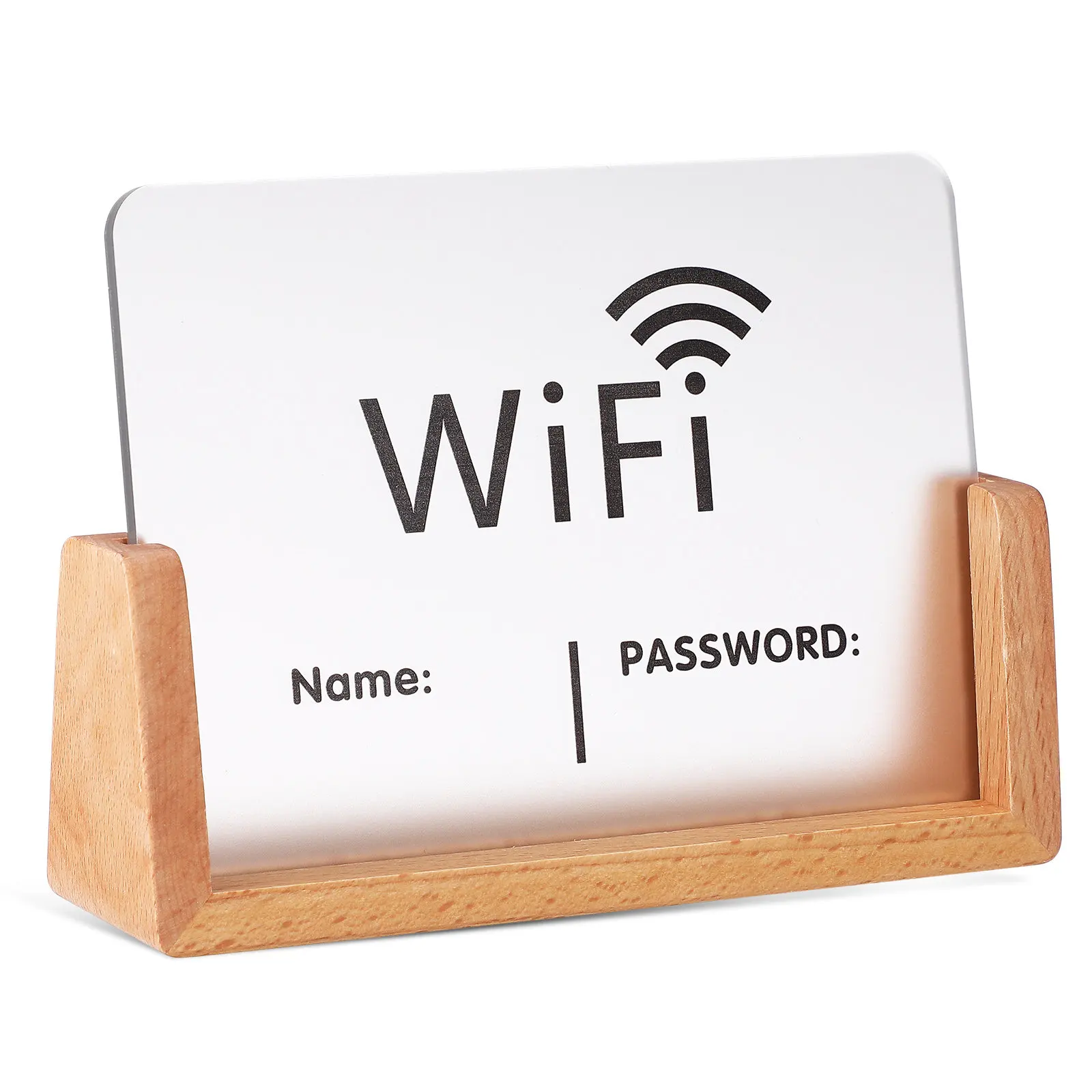 Desk WiFi Password Sign Acrylic Transparent Board Mounted on Natural Wood Stand for Hotels Offices Cafes Easy Guest Connectivity