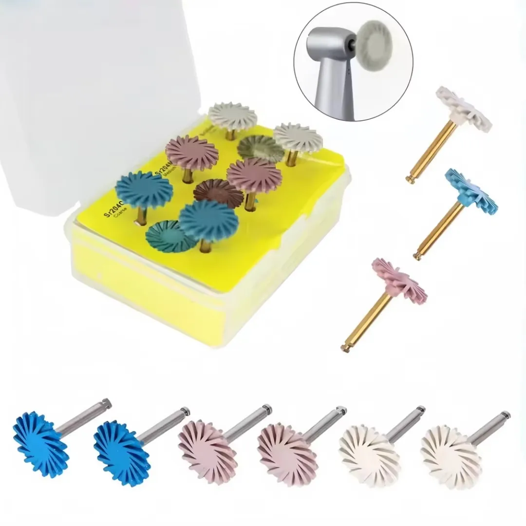 

6 шт., набор для полировки стоматологической композитной смолы-резиновые полировальные диски, спиральная гибкая щетка, система полировки алмазных боров для ухода за зубами