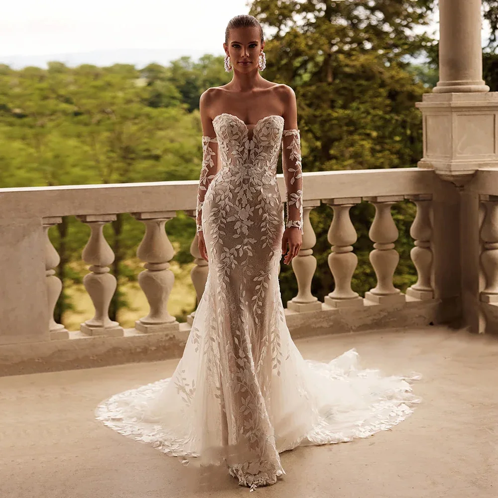 Eleganckie, urocze suknie ślubne w stylu trąbki i syreny dla kobiet, z iluzorycznymi aplikacjami z koronki i tiulu, Vestido De Novia.