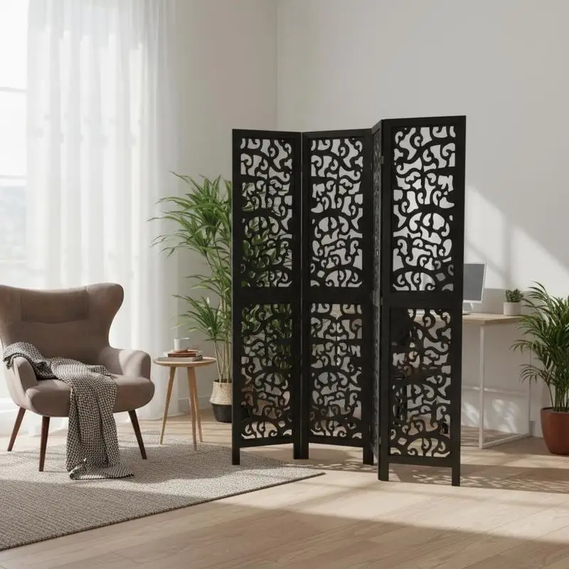 Paravent 5 pièces en bois massif Paulownia noir pour espace de vie, livraison locale
