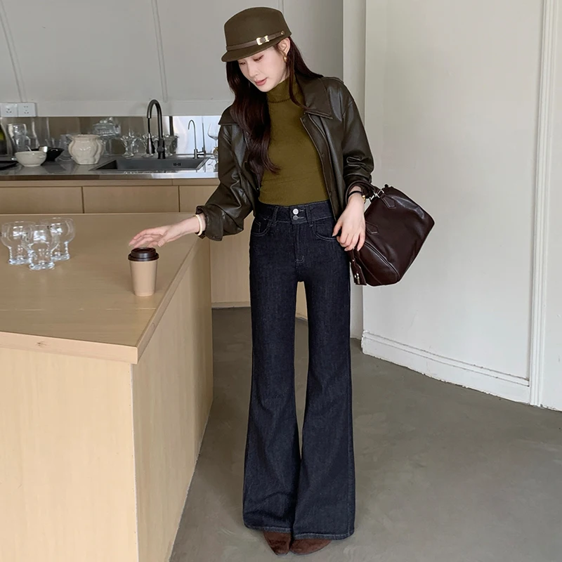 High Waist Bell Bottom Jeans Women's Autumn New Style Elastic Slimming Double Buckle Floor Length  Hoof Pants