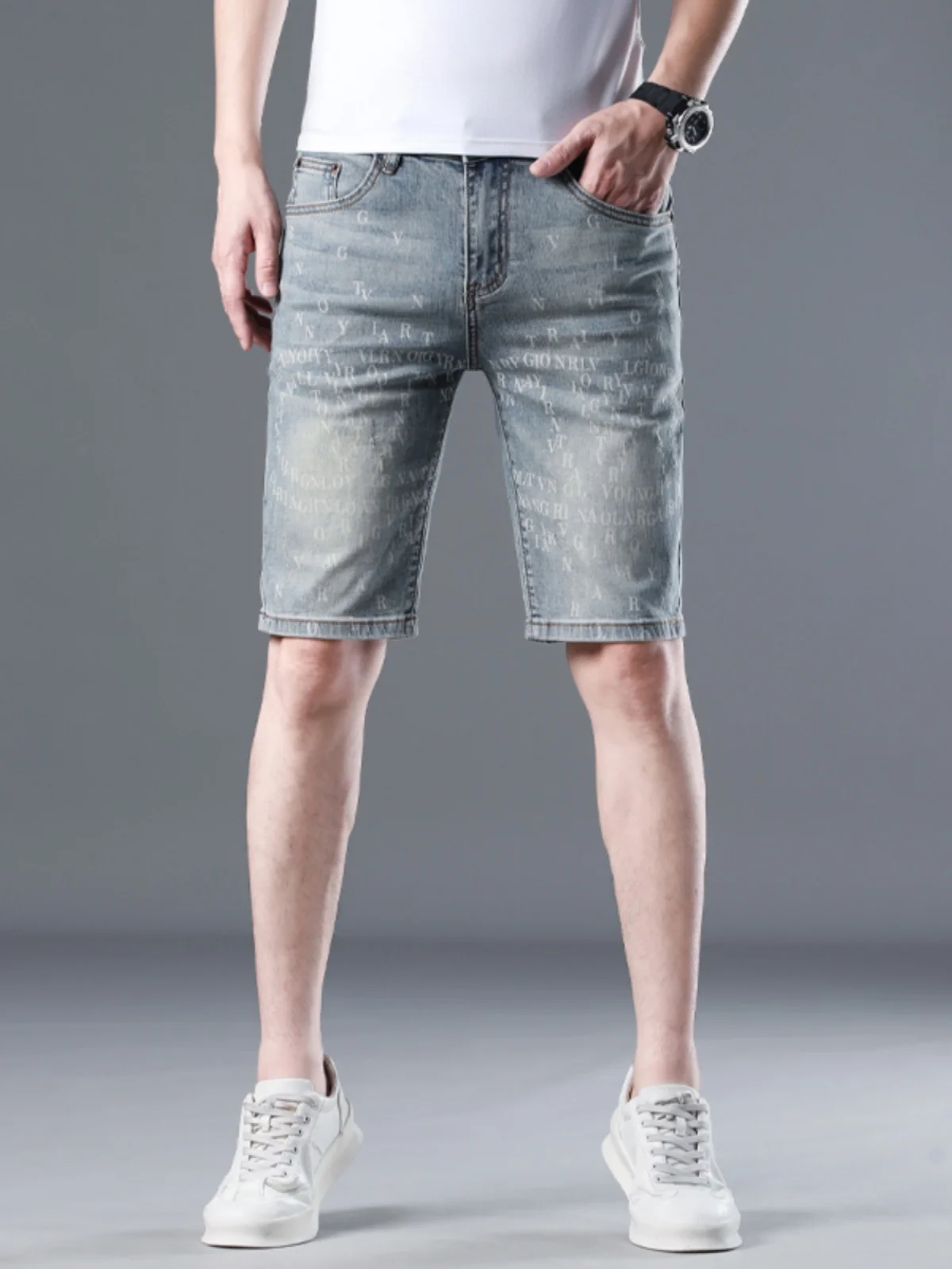 

Мужские легкие джинсовые шорты с ретро-принтом, летние повседневные, с пятью карманами, со средней посадкой, прямые джинсы