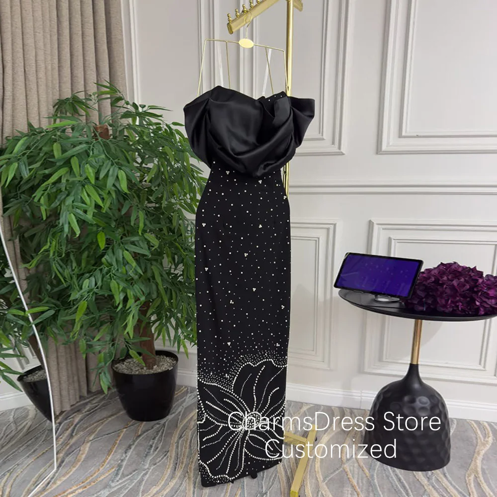 Luxury Black Evening Dress Saud Arab Party Gown Customized Off The Shoulder Beading Crystal Straight Arabian Prom Dresses