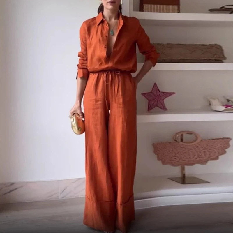 

Fashion Solid Color Commute 2 Piece Set Women Long Sleeve Single Breasted Shirts & Drawstring Pants Suits Spring Straight Outfit