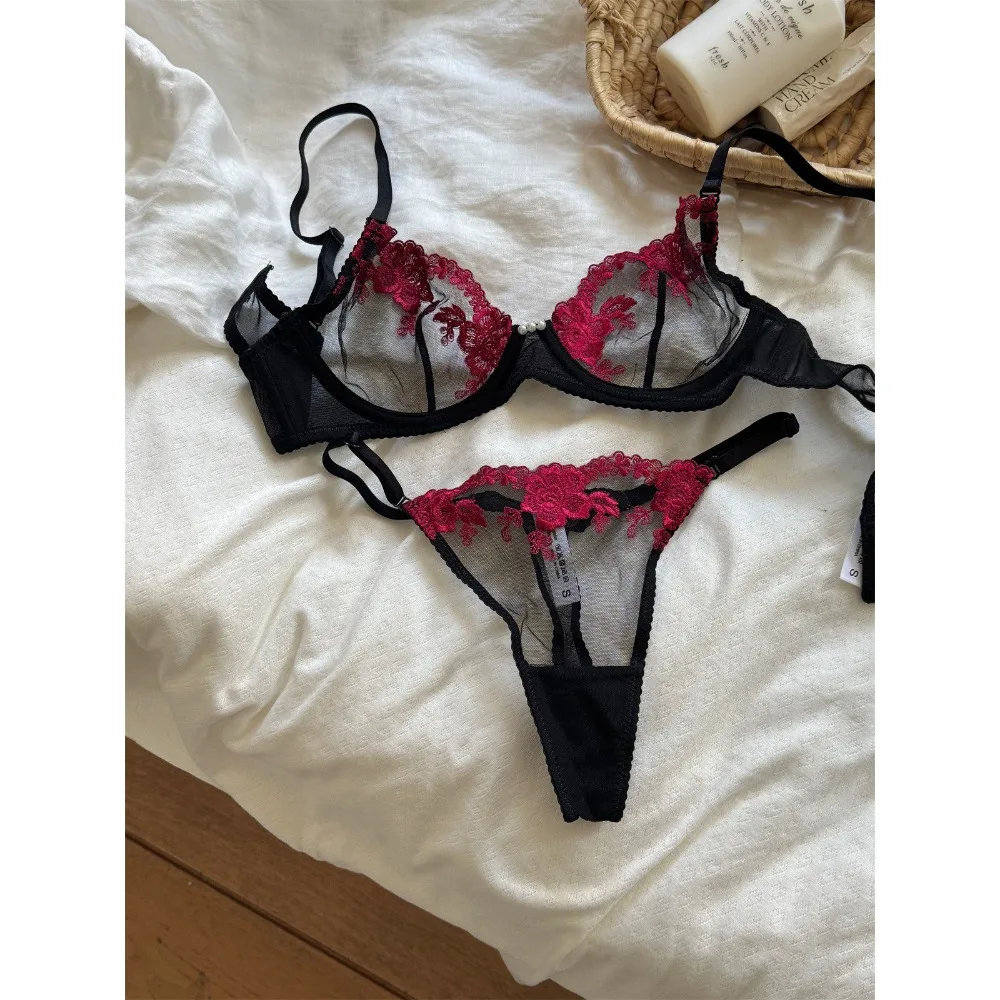 Delicate French Floral Embroidery Lace Bra Thong Set, Ultra Thin Support Bra, Soft Breathable Lace Trim Summer Underwear Kit