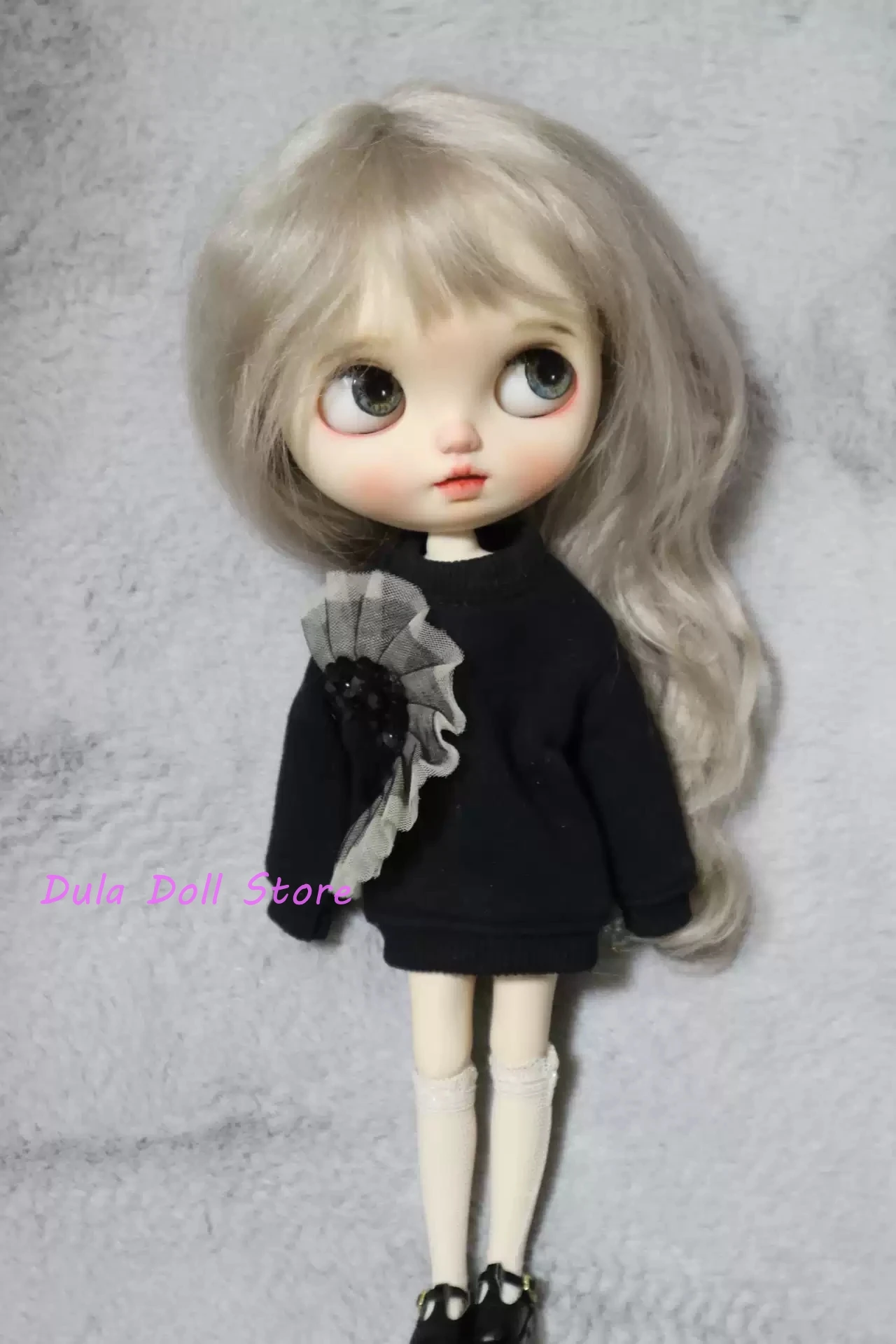 Dula Doll Clothes Dress Long black sweatshirt Blythe Qbaby ob24 ob22 Azone Licca ICY JerryB 1/6 Bjd Doll